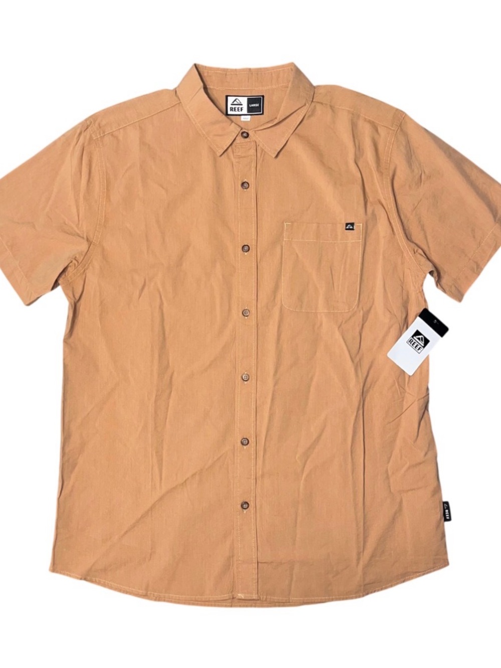 Reef Brown Tan Short Sleeve Button Up Collared Shirt Pocket NWT Large